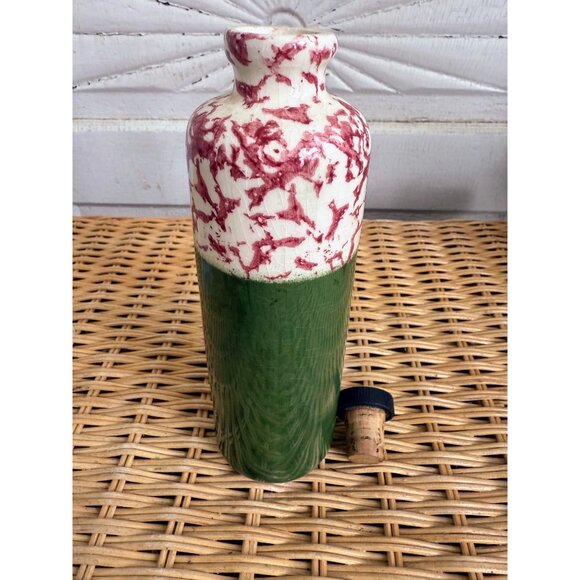 Vintage 30's Spongeware Ceramic Bottle With Cork Stopper Green Red - Picture 2 of 8